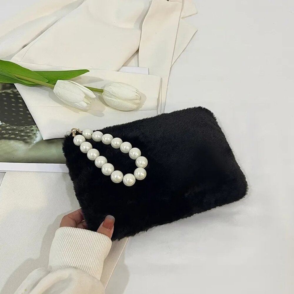 2/$30 Black Soft Faux Fur Clutch Purse With Pearl Handle & Gold Accents NWT